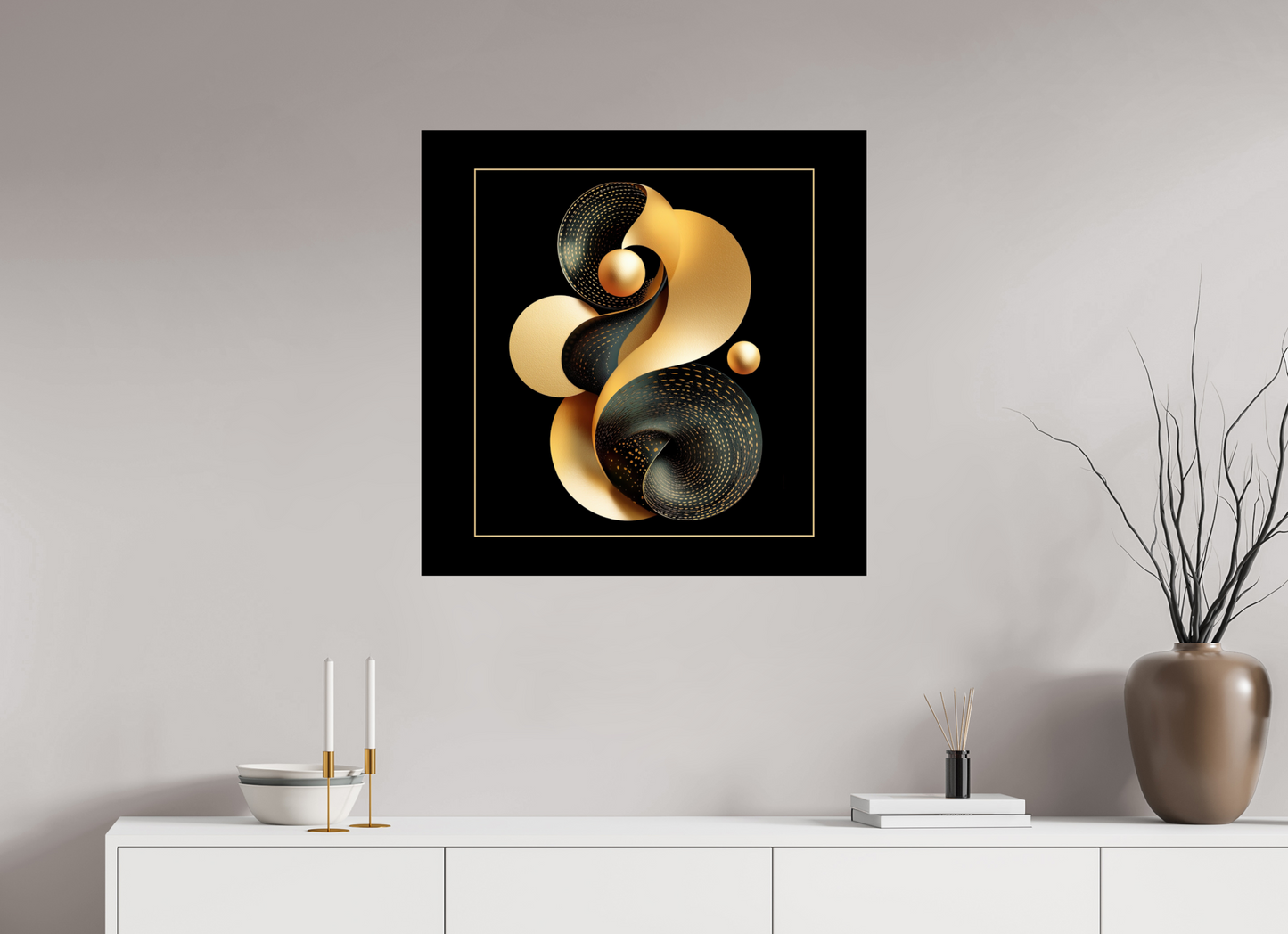 30 x 30″, Fine Art Print On Aluminum Dibond Abstract Black & Gold