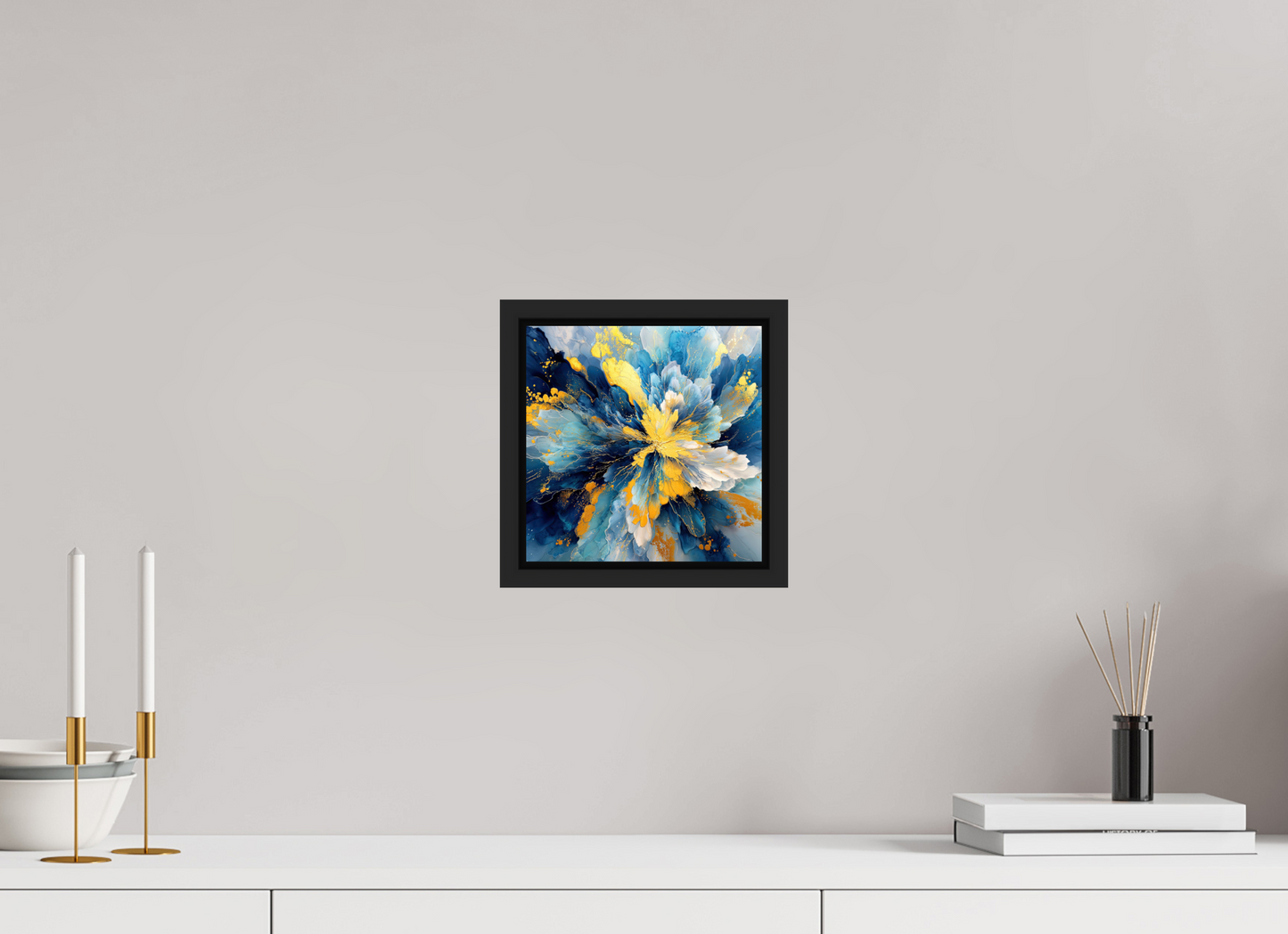 8 x 8″, Fine Art Print on Aluminum Dibond with Boarder Abstract Blue & Gold Flower