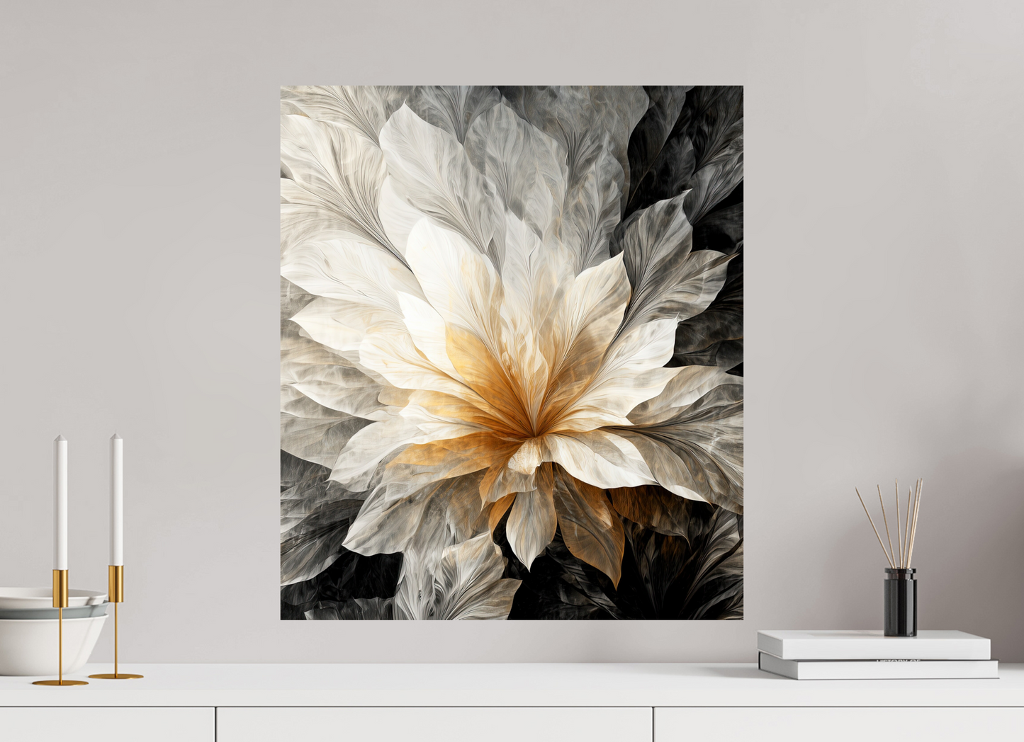 20 x 23.1″, Fine Art Print On Aluminum Dibond White & Gold Flower 1