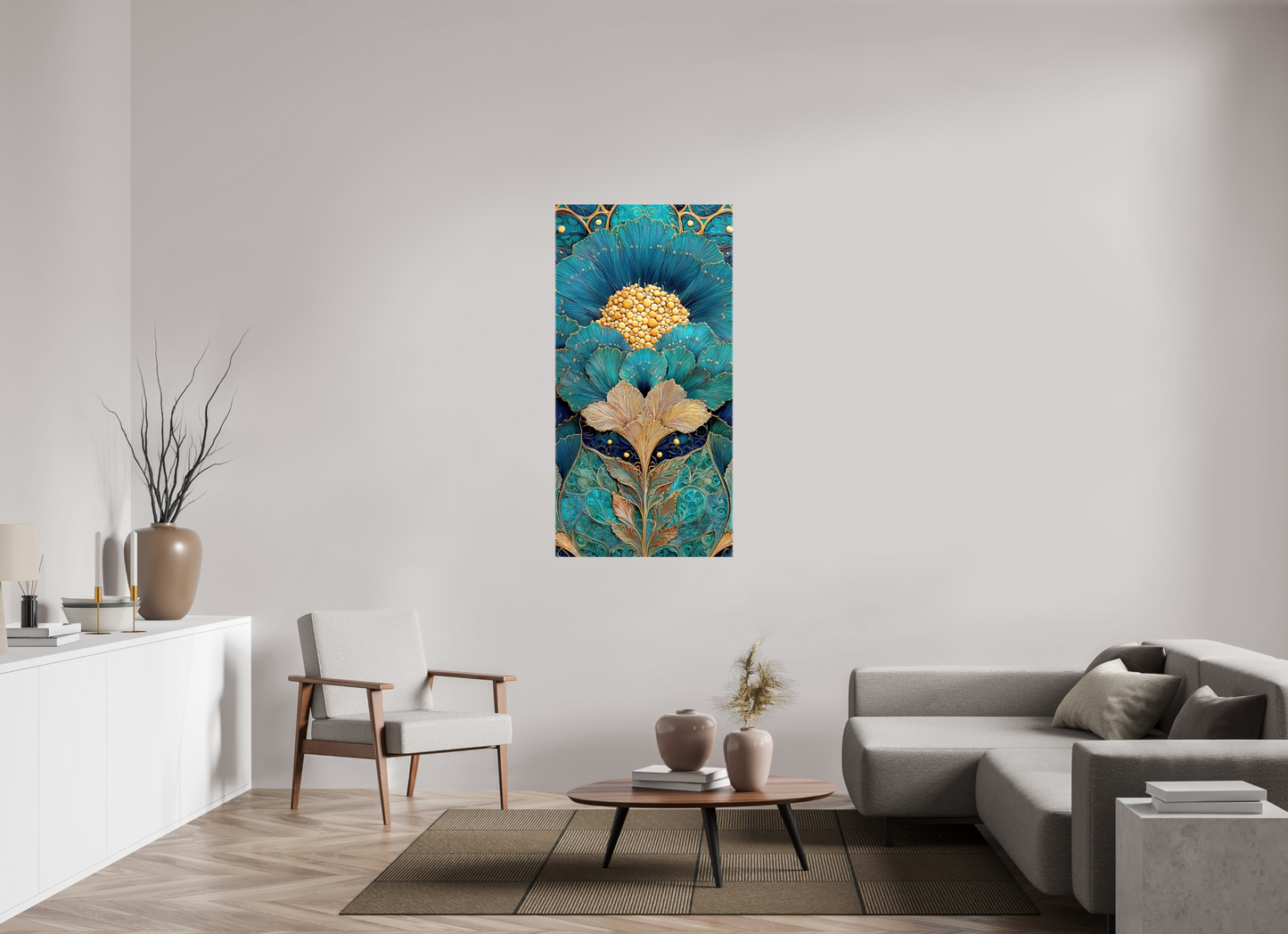28 x 56″, Glossy Canvas Art Deco Teal Flower 1