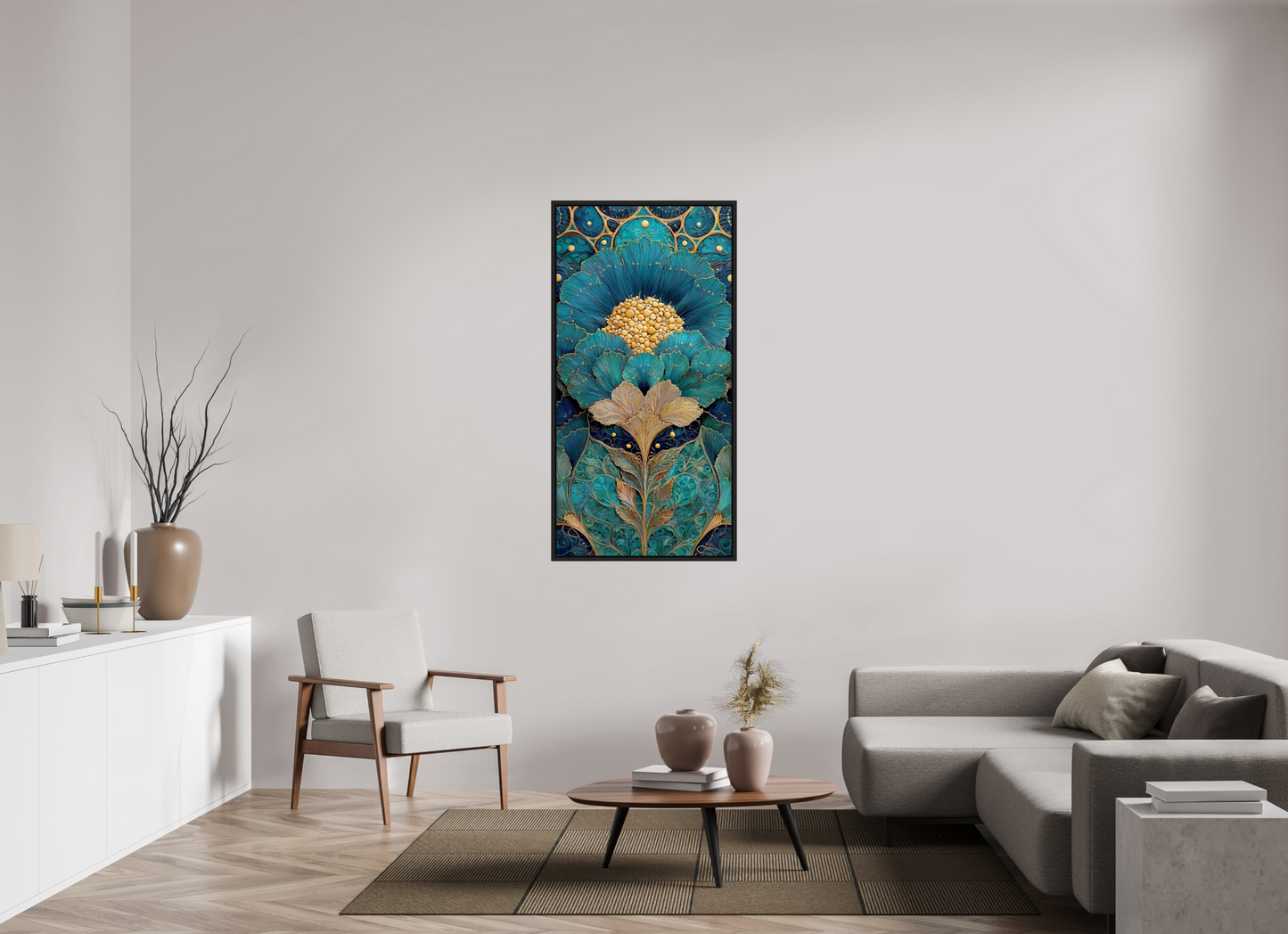 28 x 56″, Fine Art Print on Aluminum Dibond with Boarder Art Deco Teal Flower 1
