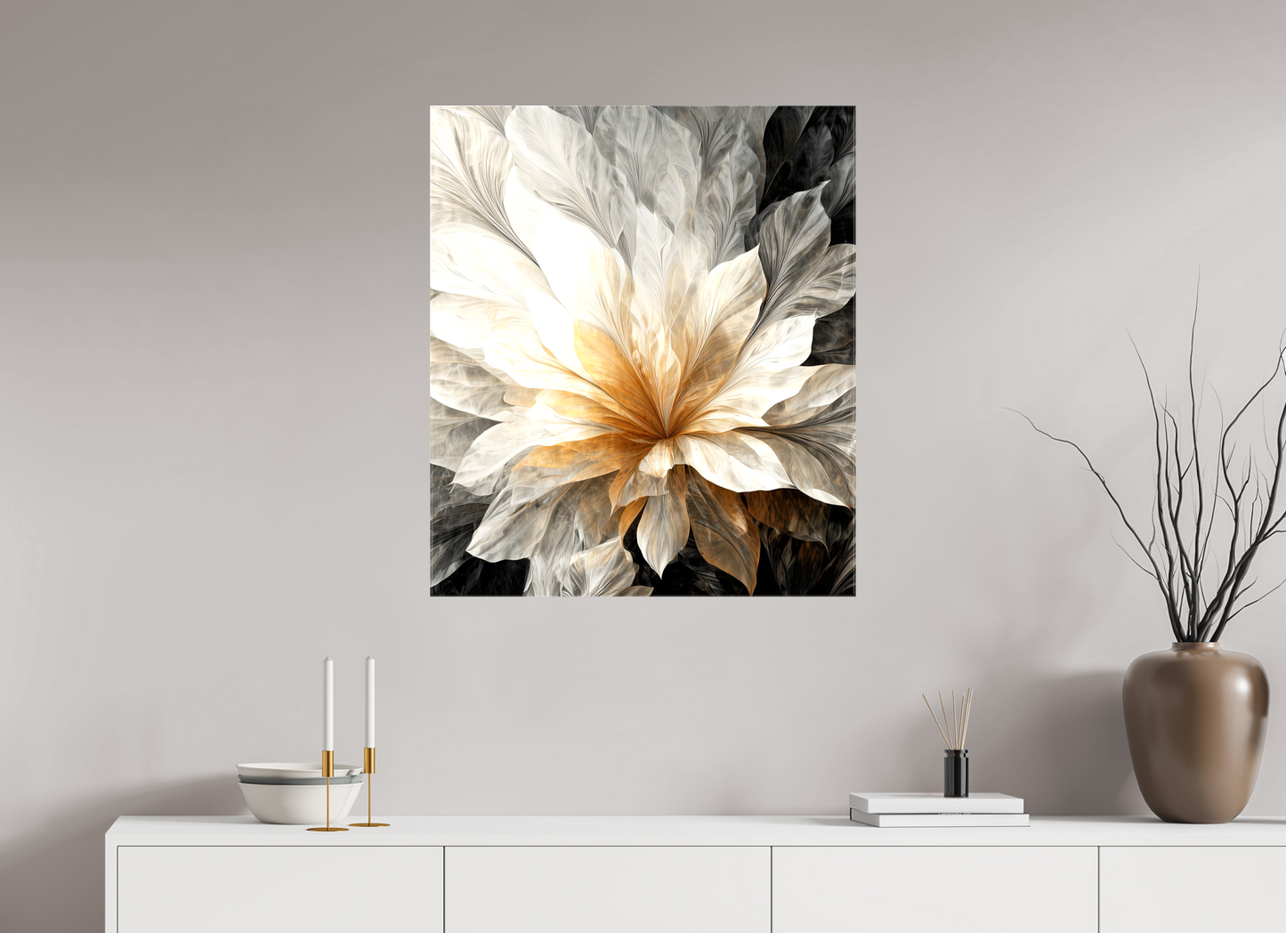 28 x 32.3″, Glossy Canvas White & Gold Flower 1