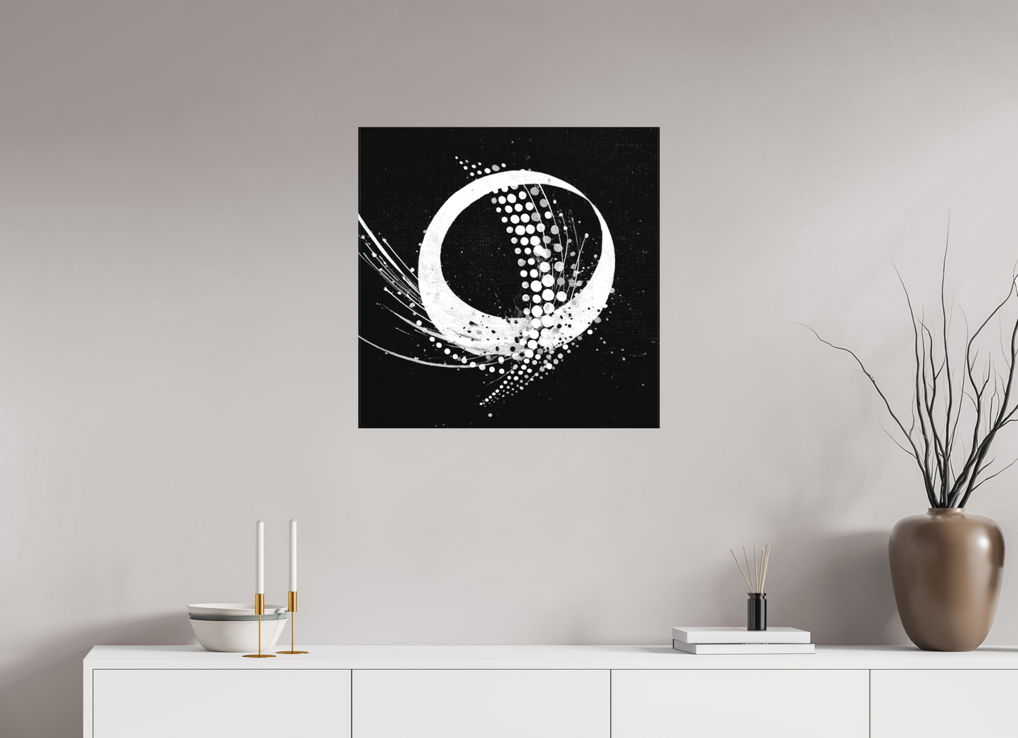 25 x 25″, Textile on Canvas Sputnik