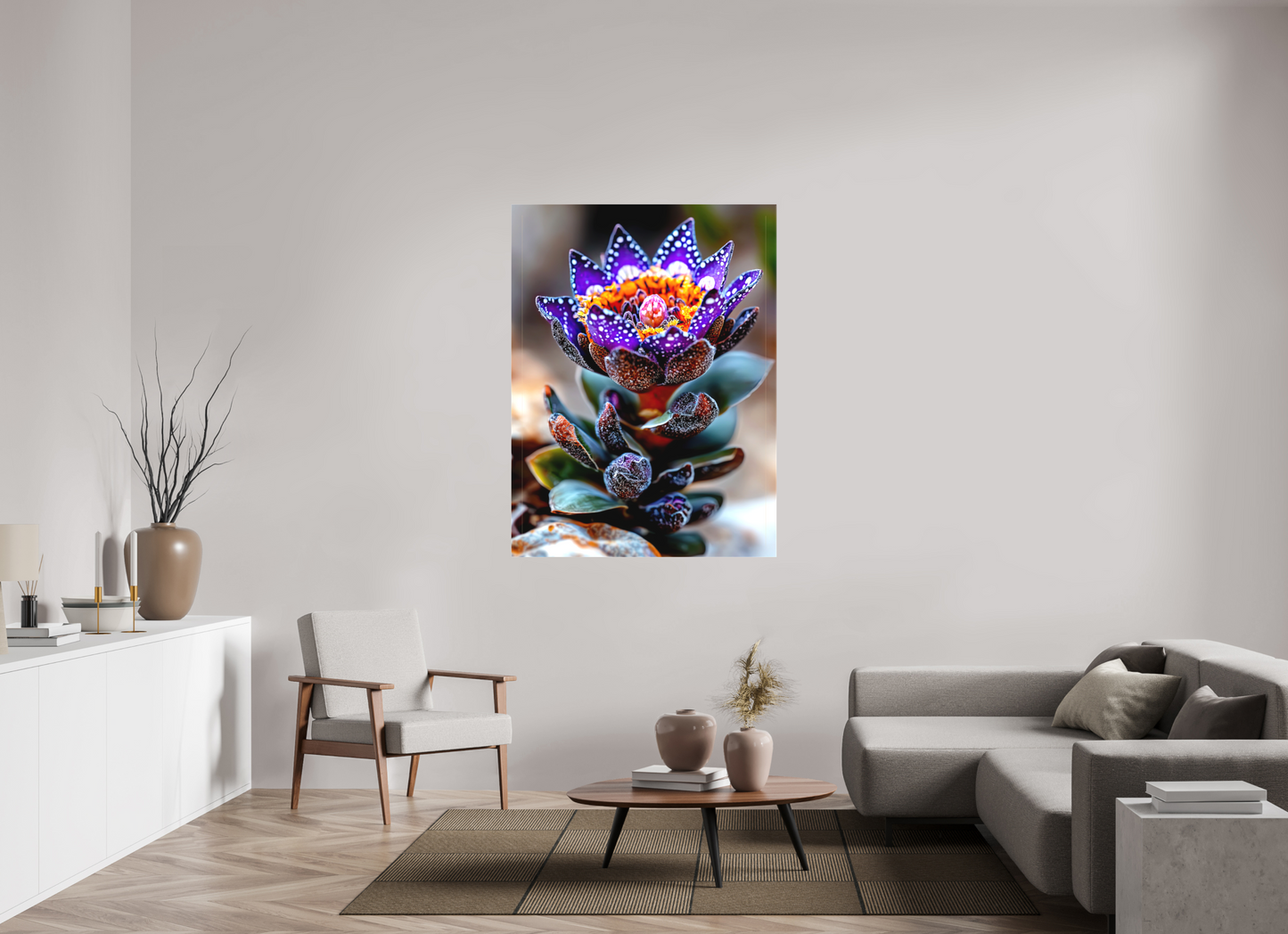 42 x 56″, Textile on Canvas Caterpillar Flower