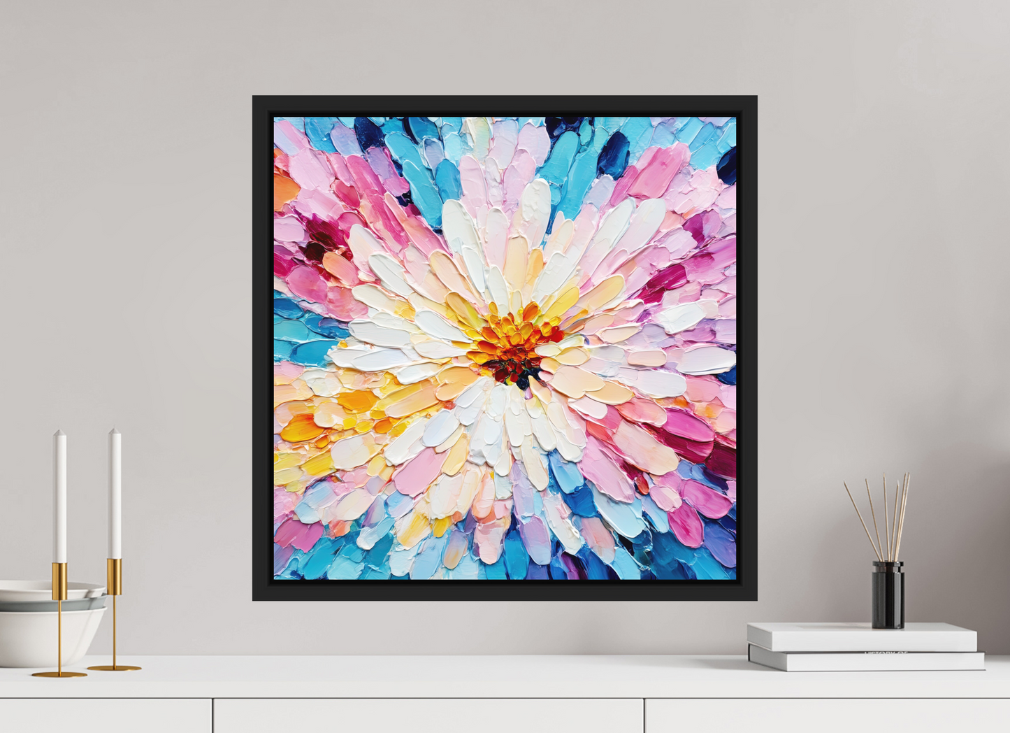 20 x 20″, Photo Print on Aluminum Backing with boarder Abstract Paint Flower