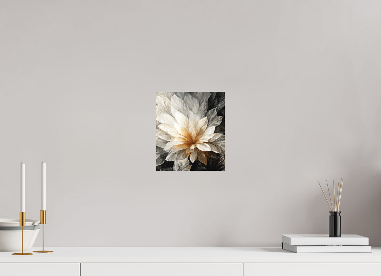 8 x 9.3″, Photo Print on Aluminum Backing White & Gold Flower 1