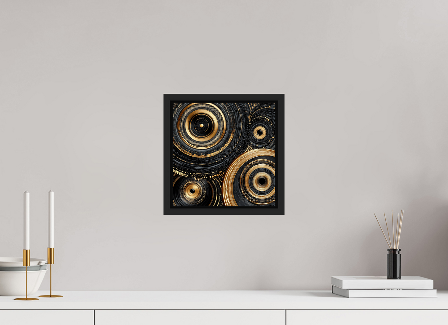 10 x 10″, Fine Art Print on Aluminum Dibond with Boarder Gold & Black Circles