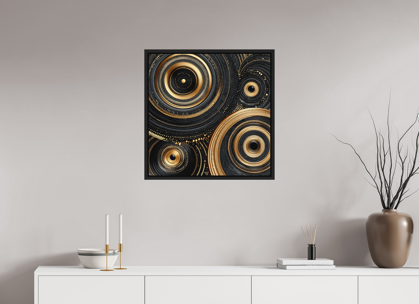 25 x 25″, Photo Print on Aluminum Backing with boarder Gold & Black Circles