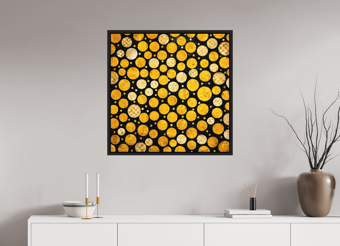 30 x 30″, Photo Print on Aluminum Backing with boarder Gold Dots