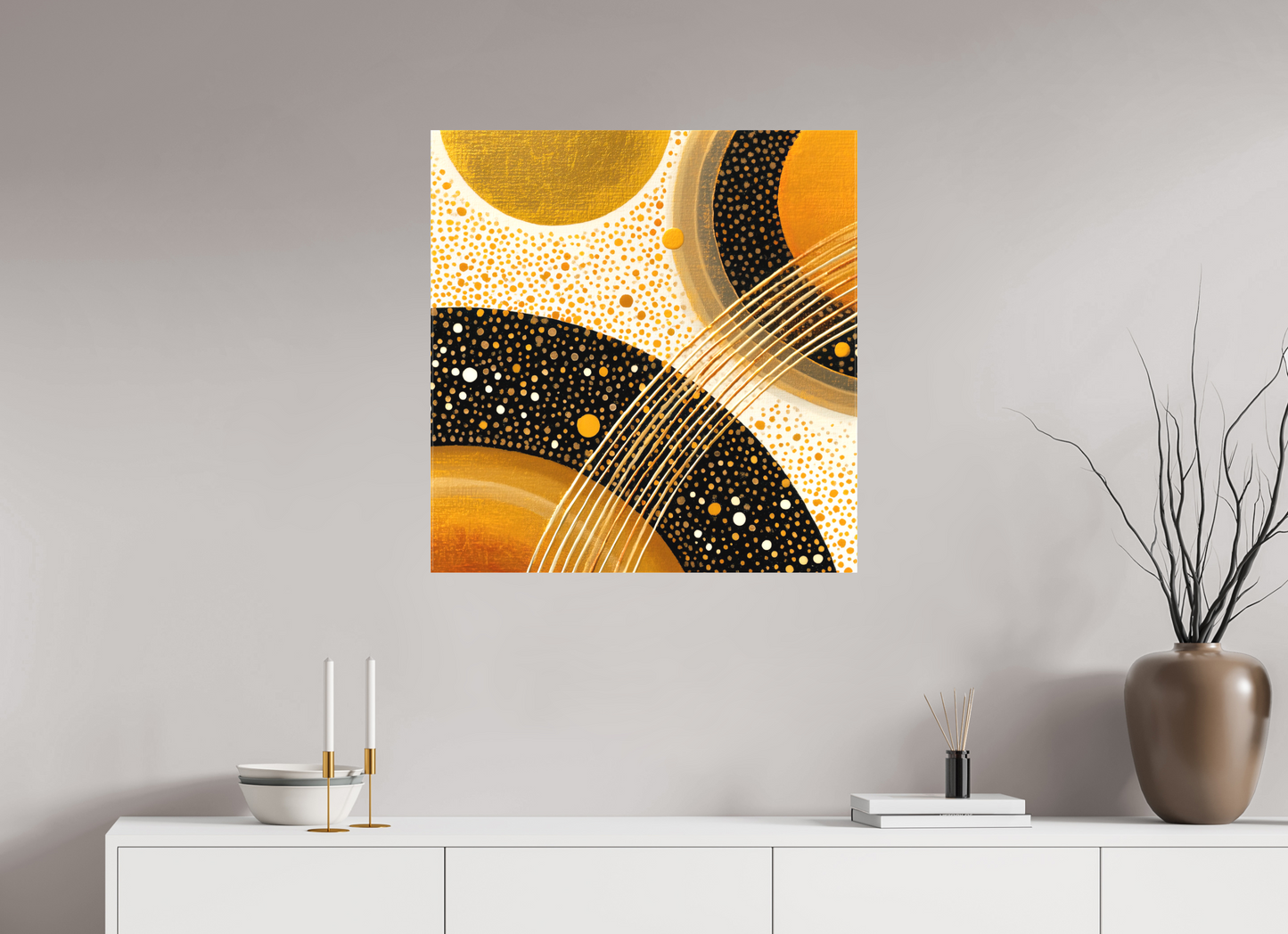 28 x 29.1″, Textile on Canvas Gold Embryo
