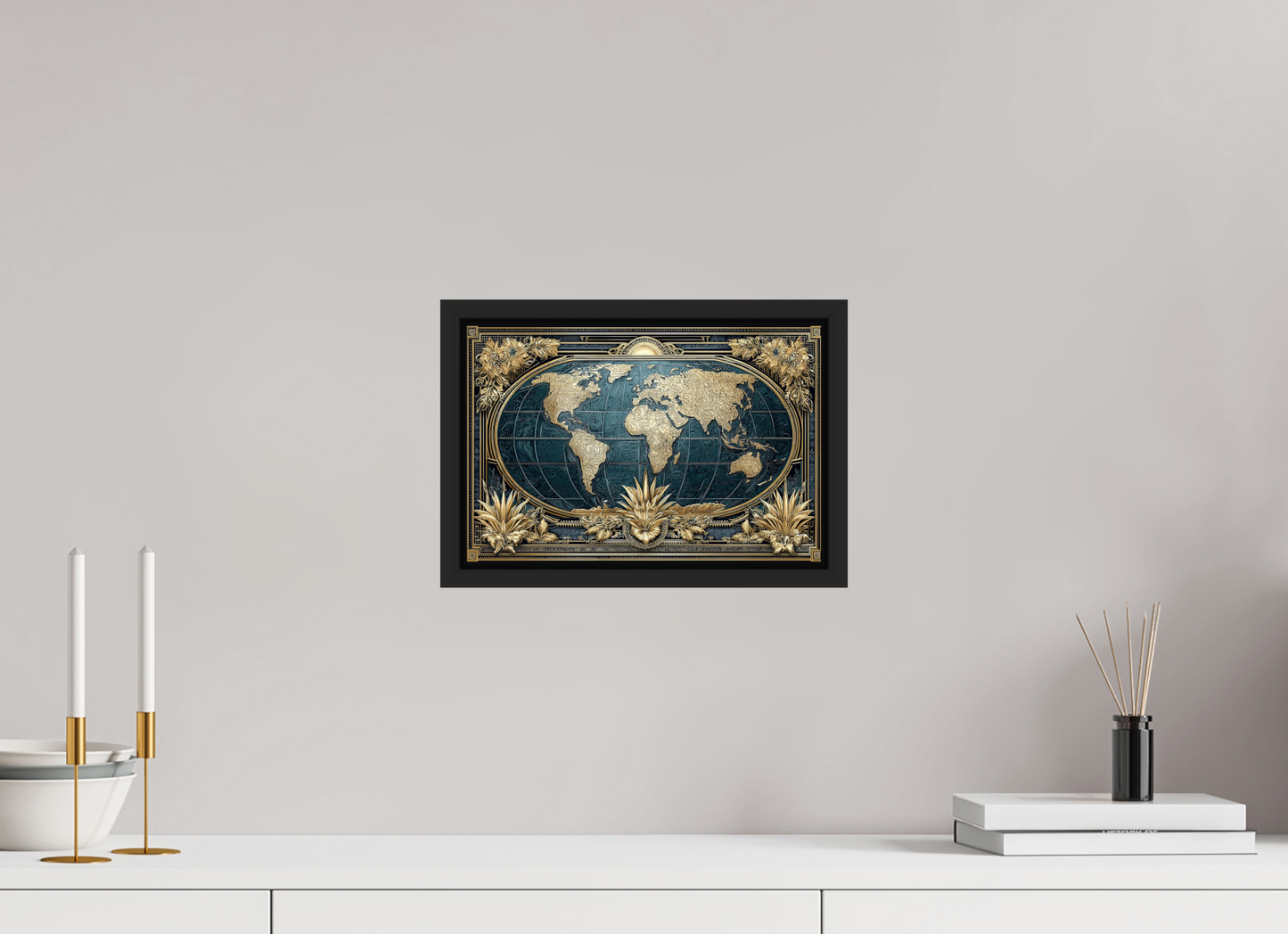 12 x 8″, Fine Art Print on Aluminum Dibond with Boarder Art Deco World Map