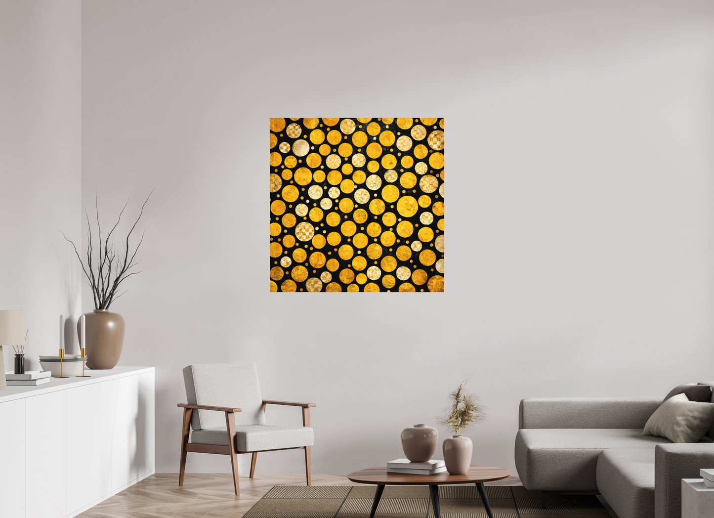 40 x 40″, Photo Print on Aluminum Backing Gold Dots