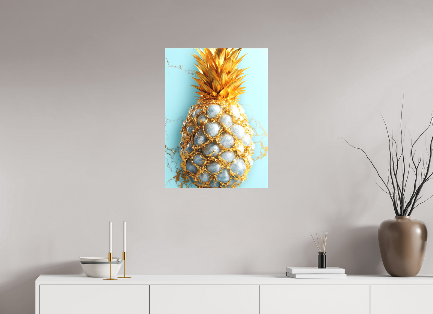 20 x 27.3″, Textile on Canvas Gold Pineapple