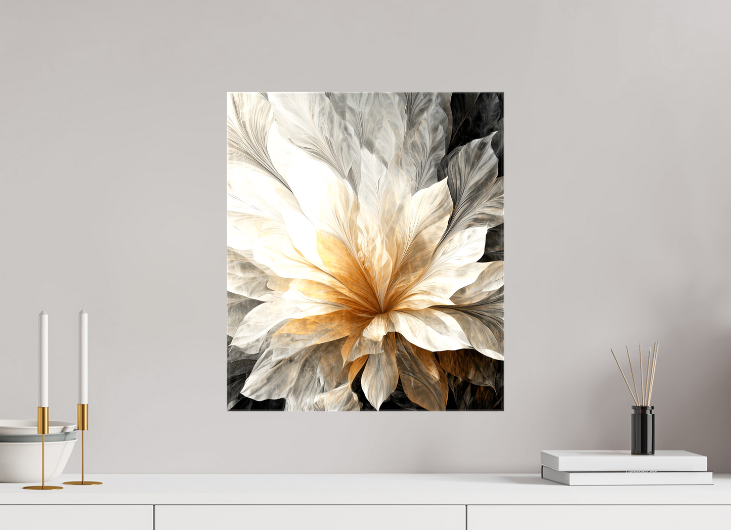 16 x 18.5″, Glossy Canvas White & Gold Flower 1