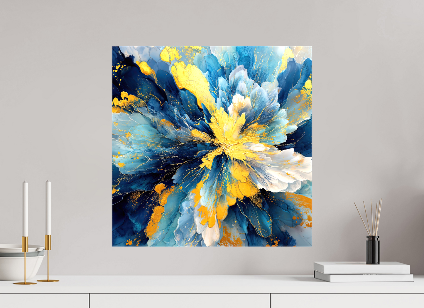 20 x 20″, Glossy Canvas Abstract Blue & Gold Flower