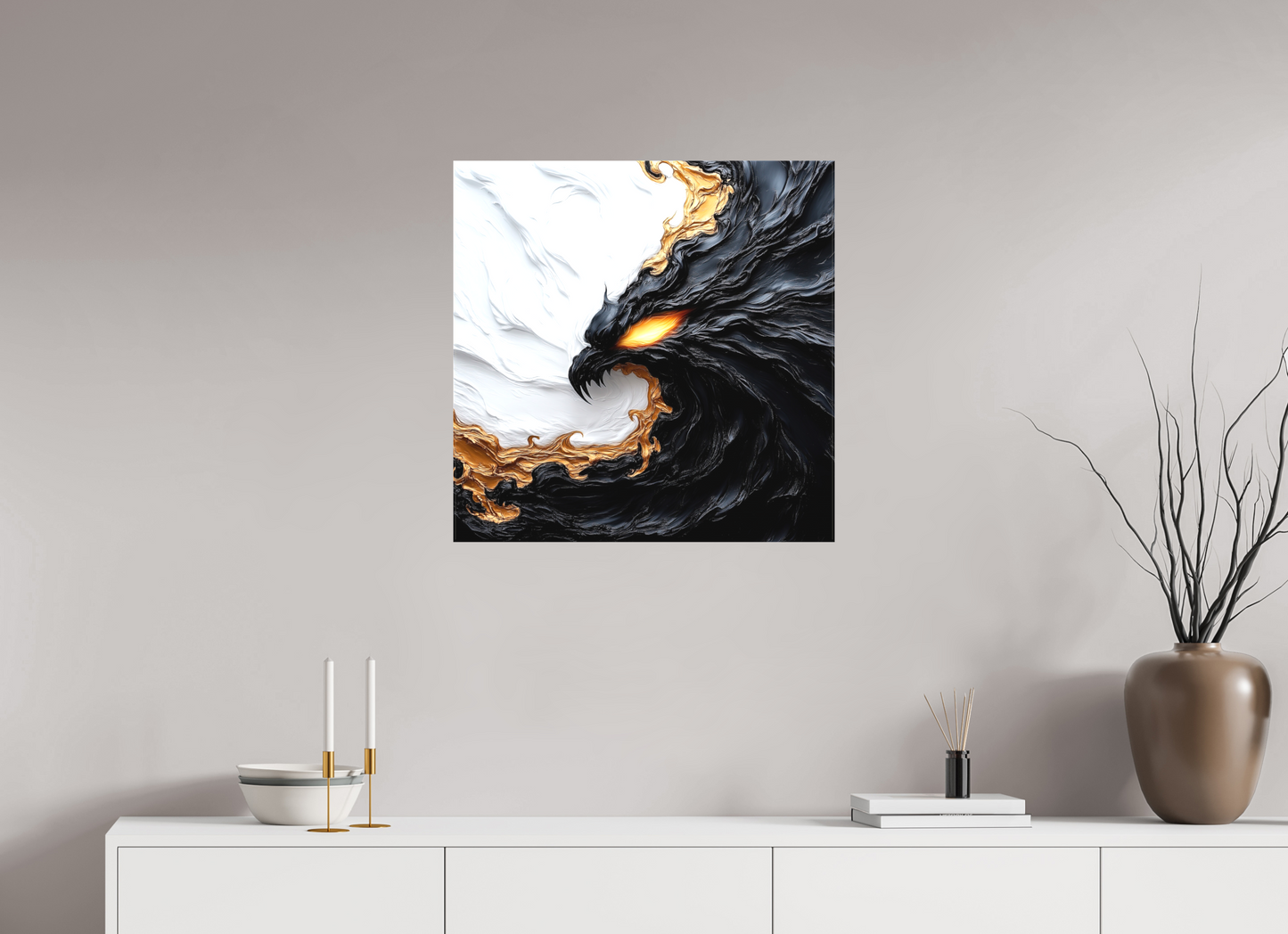 25 x 25″, Textile on Canvas Yin Yang Bird