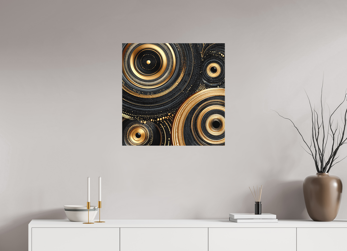 25 x 25″, Textile on Canvas Gold & Black Circles