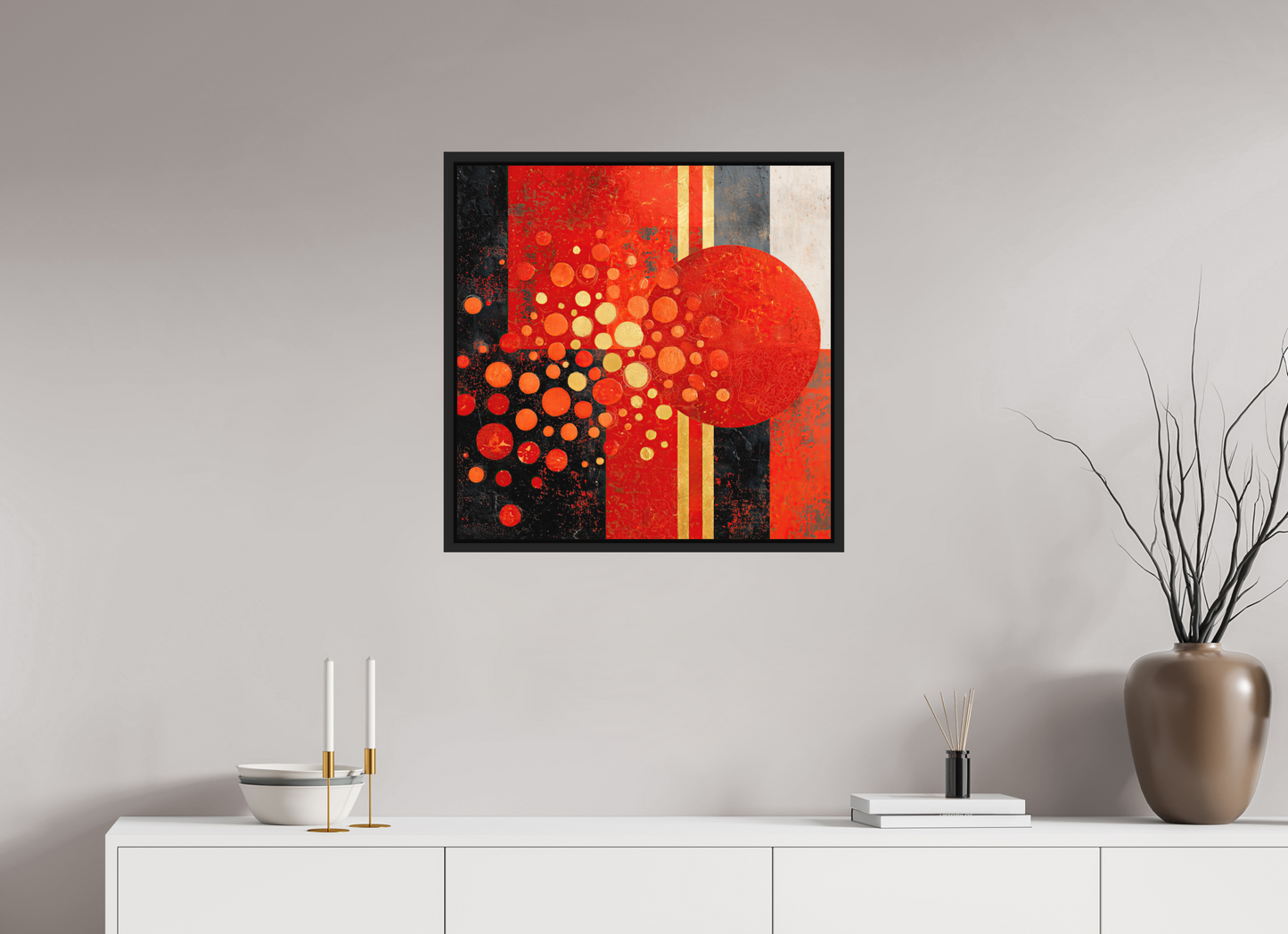 25 x 25″, Photo Print on Aluminum Backing with boarder Abstract Red Dots