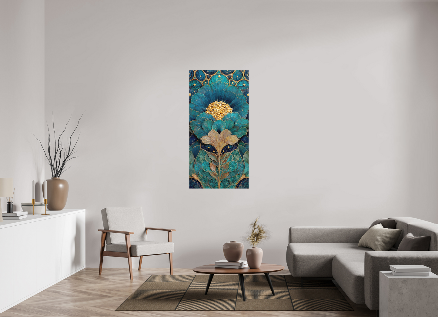 28 x 56″, Photo Print on Aluminum Backing Art Deco Teal Flower 1
