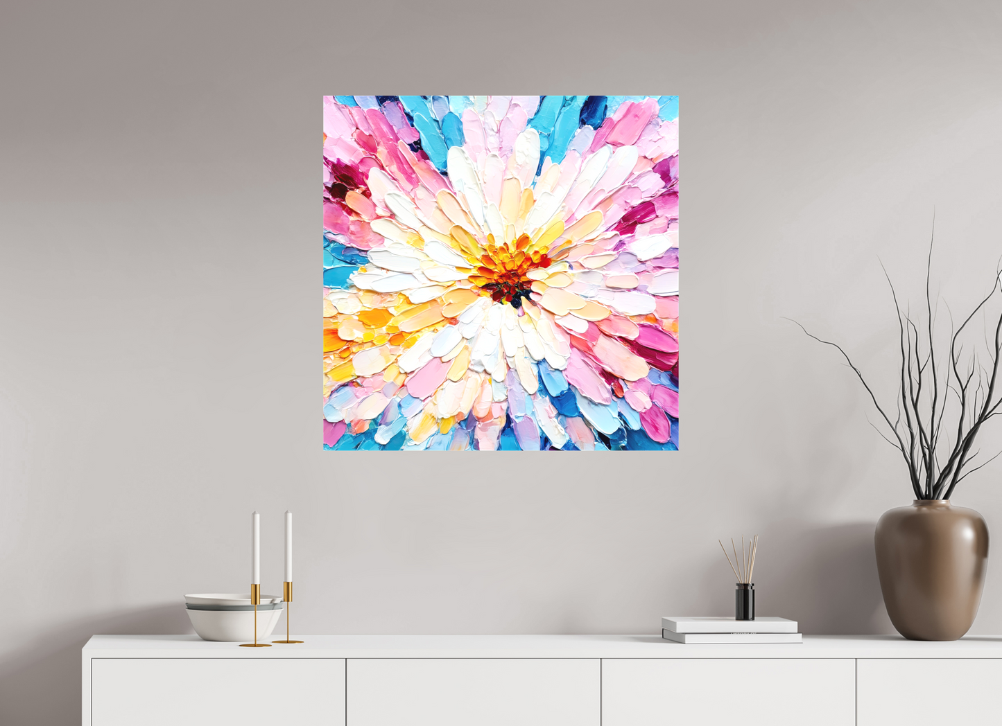 30 x 30″, Textile on Canvas Abstract Paint Flower