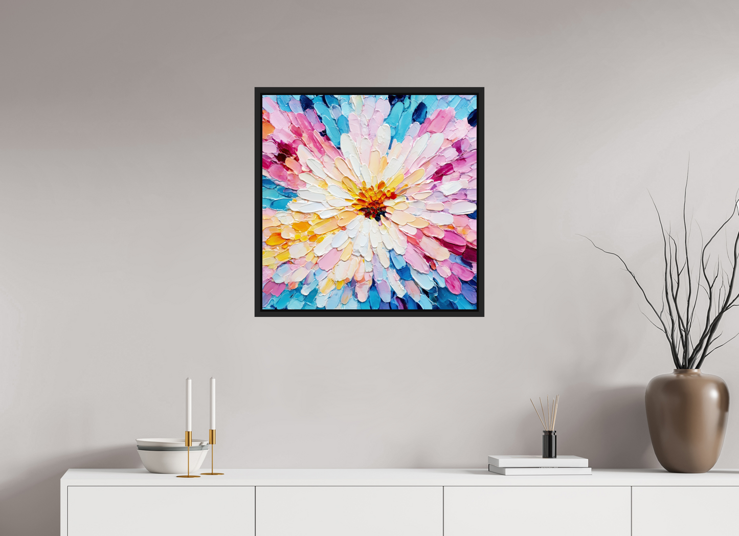25 x 25″, Fine Art Print on Aluminum Dibond with Boarder Abstract Paint Flower