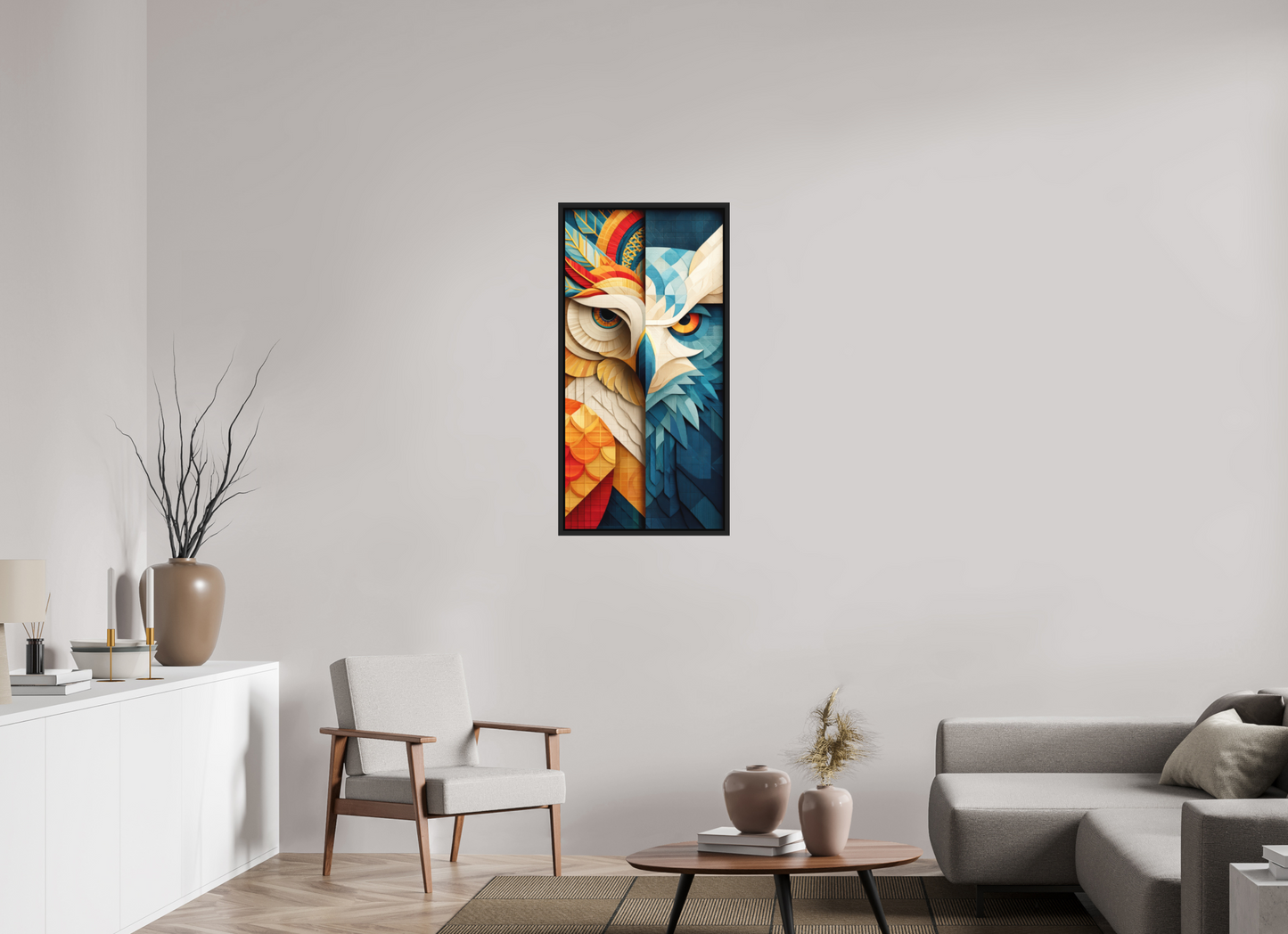 20 x 40.5″, Photo Print on Aluminum Backing with boarder Abstract Warm & Cold Owl