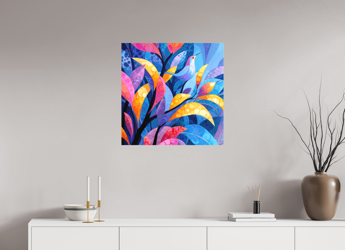 25 x 25″, Textile on Canvas Tropical Bird