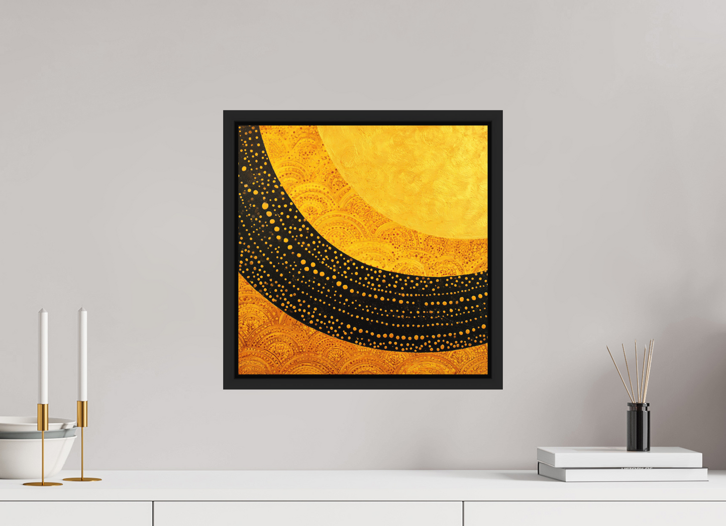 15 x 15″, Photo Print on Aluminum Backing with boarder Art Deco Sun