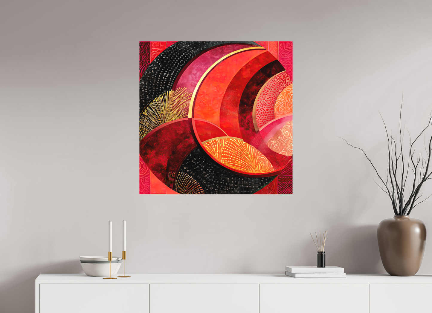 30 x 30″, Textile on Canvas Art Deco Circle
