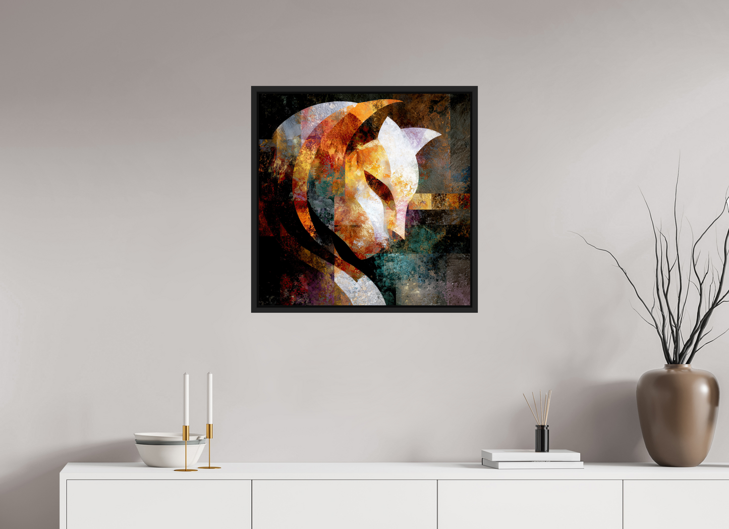 25 x 25″, Fine Art Print on Aluminum Dibond with Boarder Abstract Cat