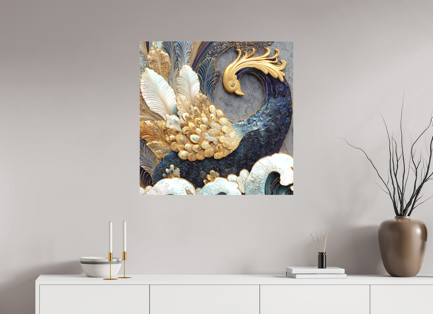 30 x 30″, Textile on Canvas Swan 2