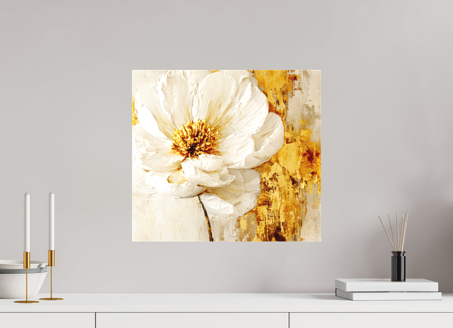 17.6 x 16″, Textile on Canvas White and Gold Flower 3