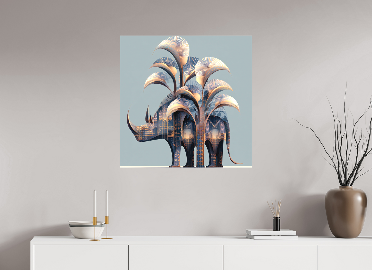 30 x 30″, Textile on Canvas Abstract Rhino