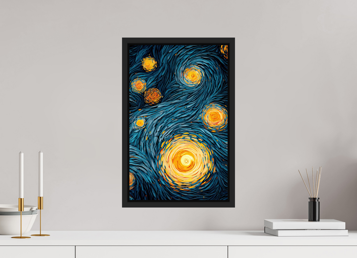 12 x 19″, Fine Art Print on Aluminum Dibond with Boarder Abstract Blue & Yellow Swirls 2