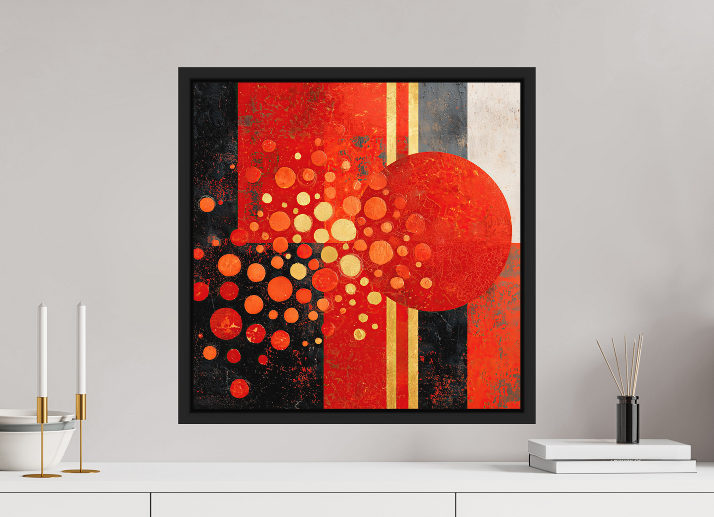 20 x 20″, Photo Print on Aluminum Backing with boarder Abstract Red Dots