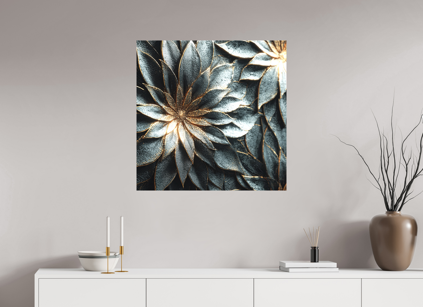 30 x 30″, Textile on Canvas Modern Flowers