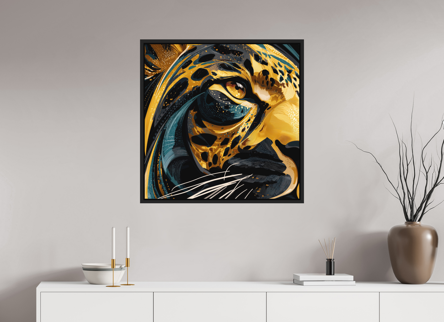 30 x 30″, Photo Print on Aluminum Backing with boarder Abstract Panther