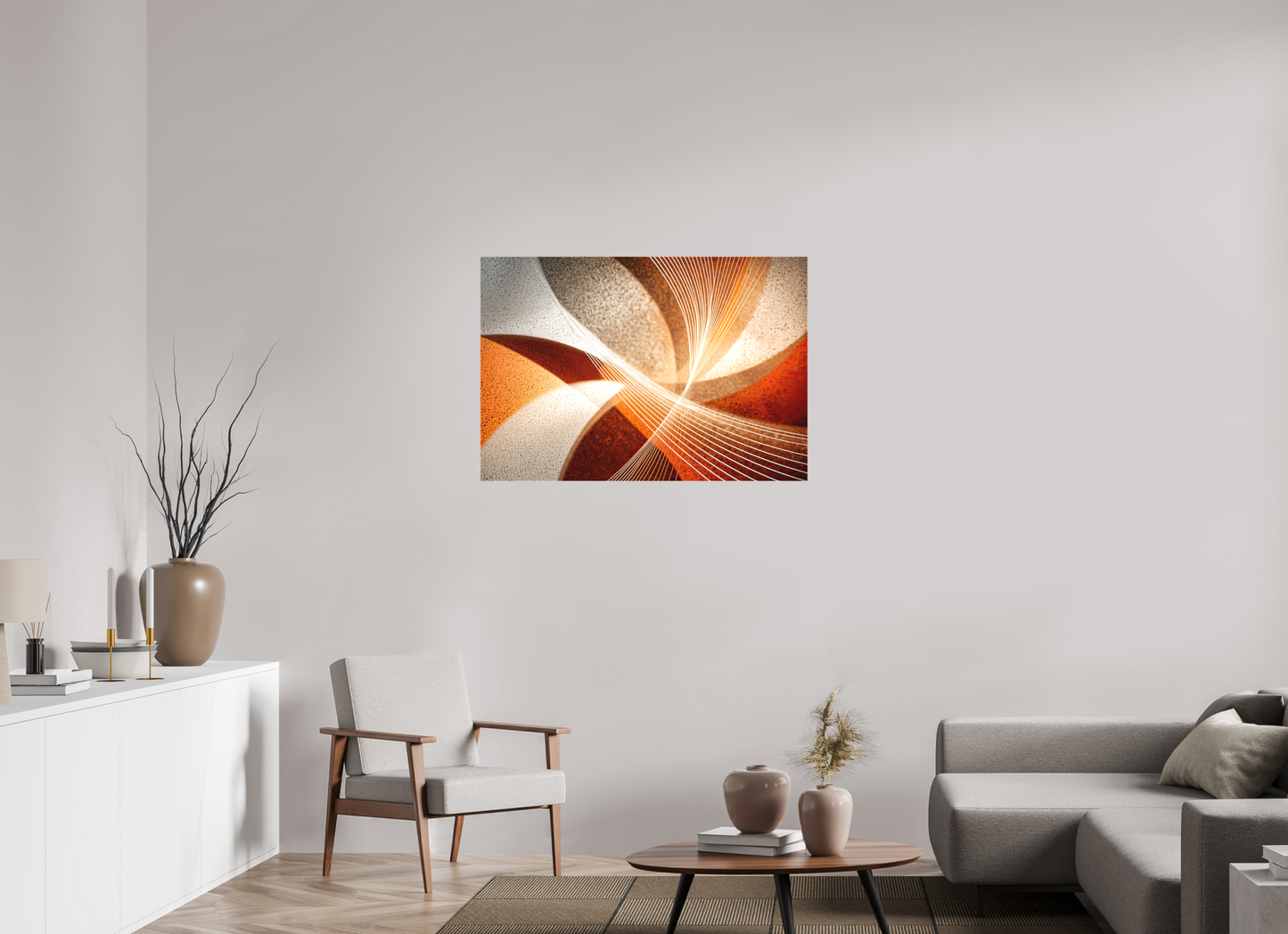 41 x 28″, Textile on Canvas Orange & White Swirl