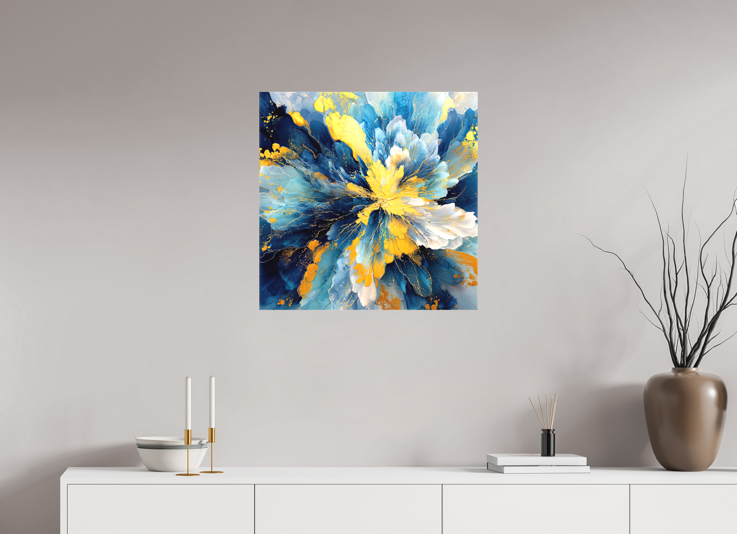 25 x 25″, Textile on Canvas Abstract Blue & Gold Flower
