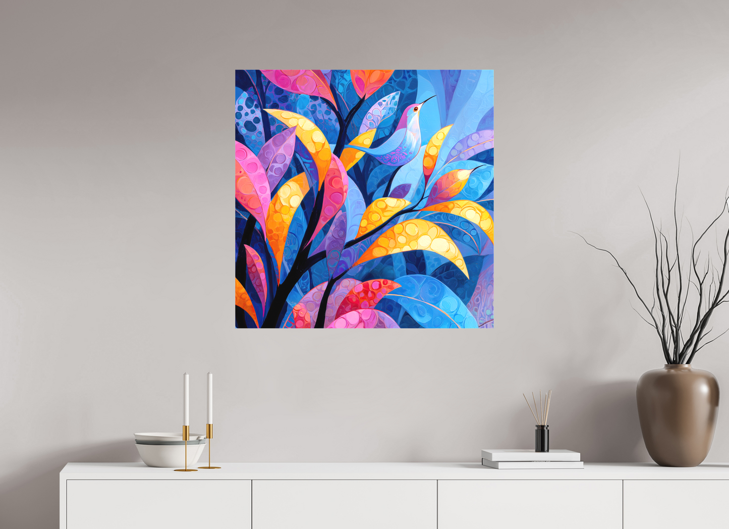 30 x 30″, Textile on Canvas Tropical Bird