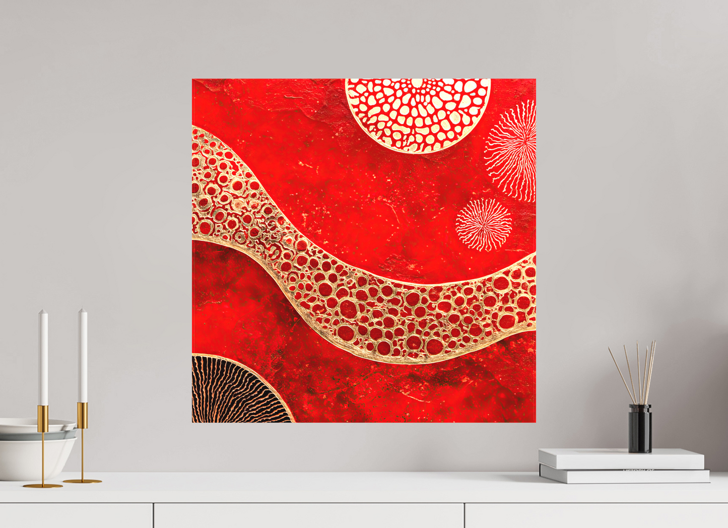 20 x 20″, Textile on Canvas Blood Cells