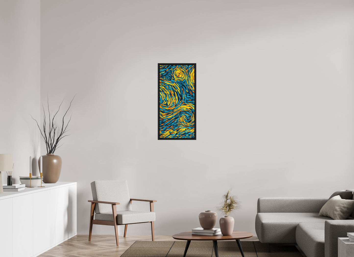 16 x 33.6″, Photo Print on Aluminum Backing with boarder Abstract Blue & Yellow Swirls