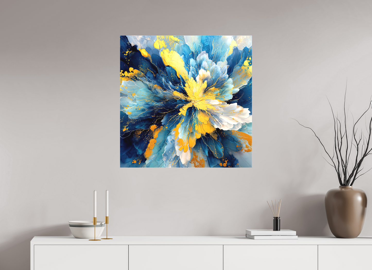 30 x 30″, Textile on Canvas Abstract Blue & Gold Flower