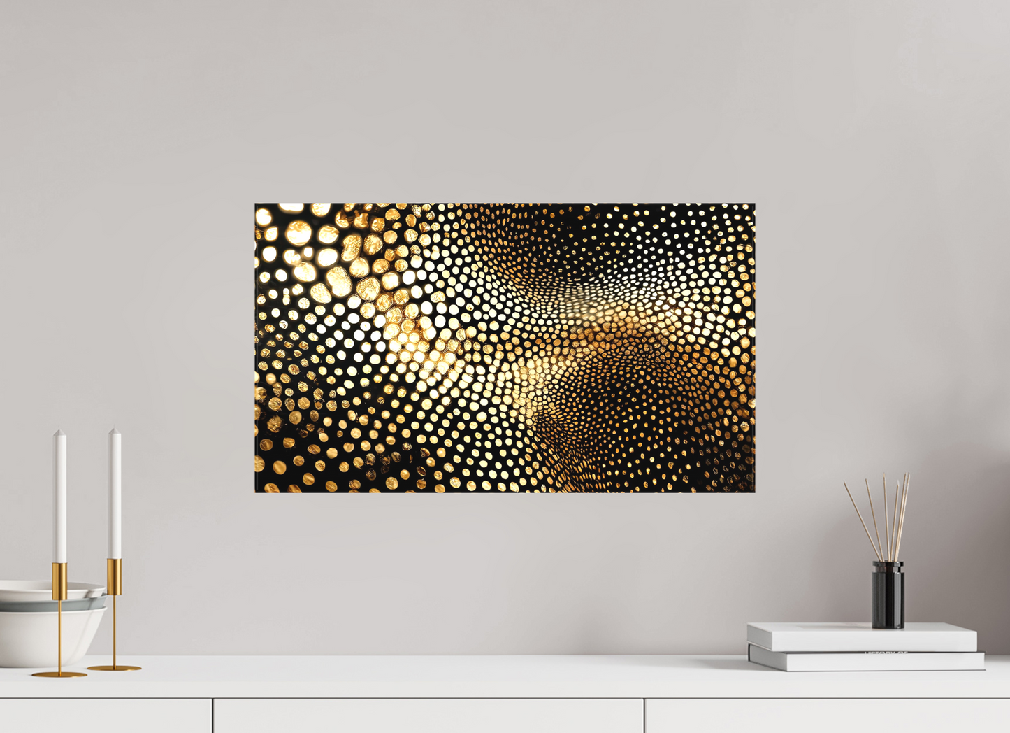 21 x 12″, Textile on Canvas Gold Dot Wave