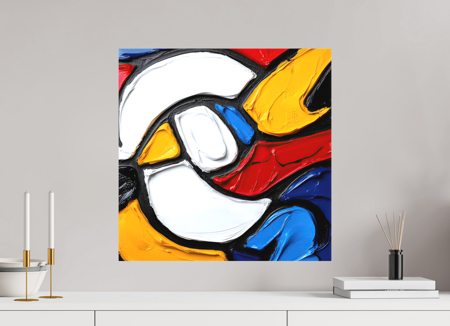 20 x 20″, Textile on Canvas Abstract Paint Bird