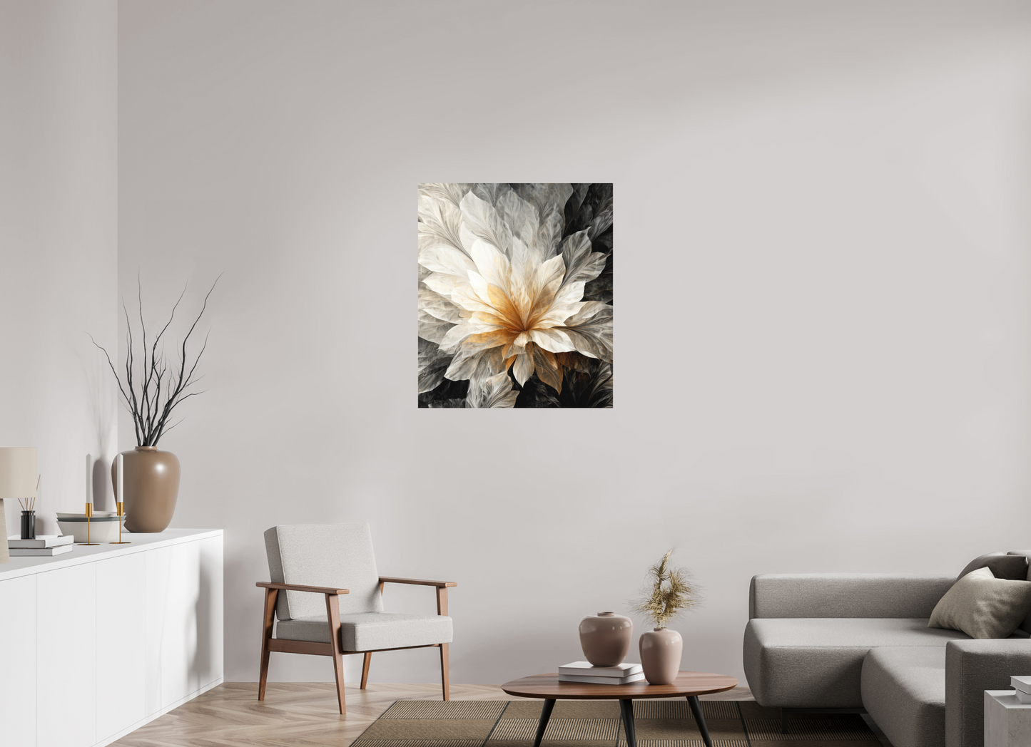 31 x 35.8″, Photo Print on Aluminum Backing White & Gold Flower 1