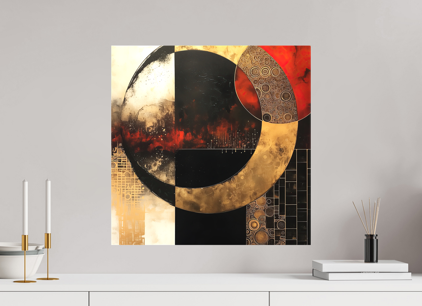 20 x 20″, Textile on Canvas Gold Blood Moon