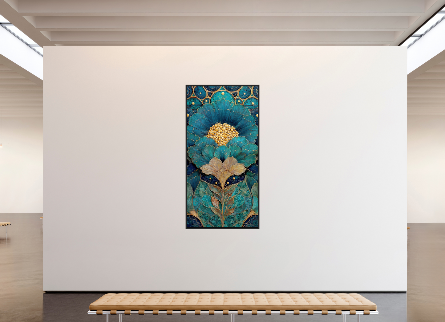 40 x 80″, Fine Art Print on Aluminum Dibond with Boarder Art Deco Teal Flower 1