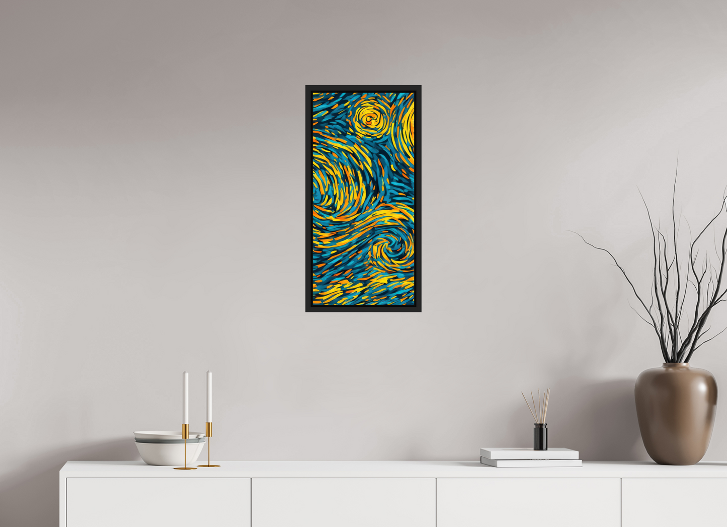 12 x 25.2″, Fine Art Print on Aluminum Dibond with Boarder Abstract Blue & Yellow Swirls