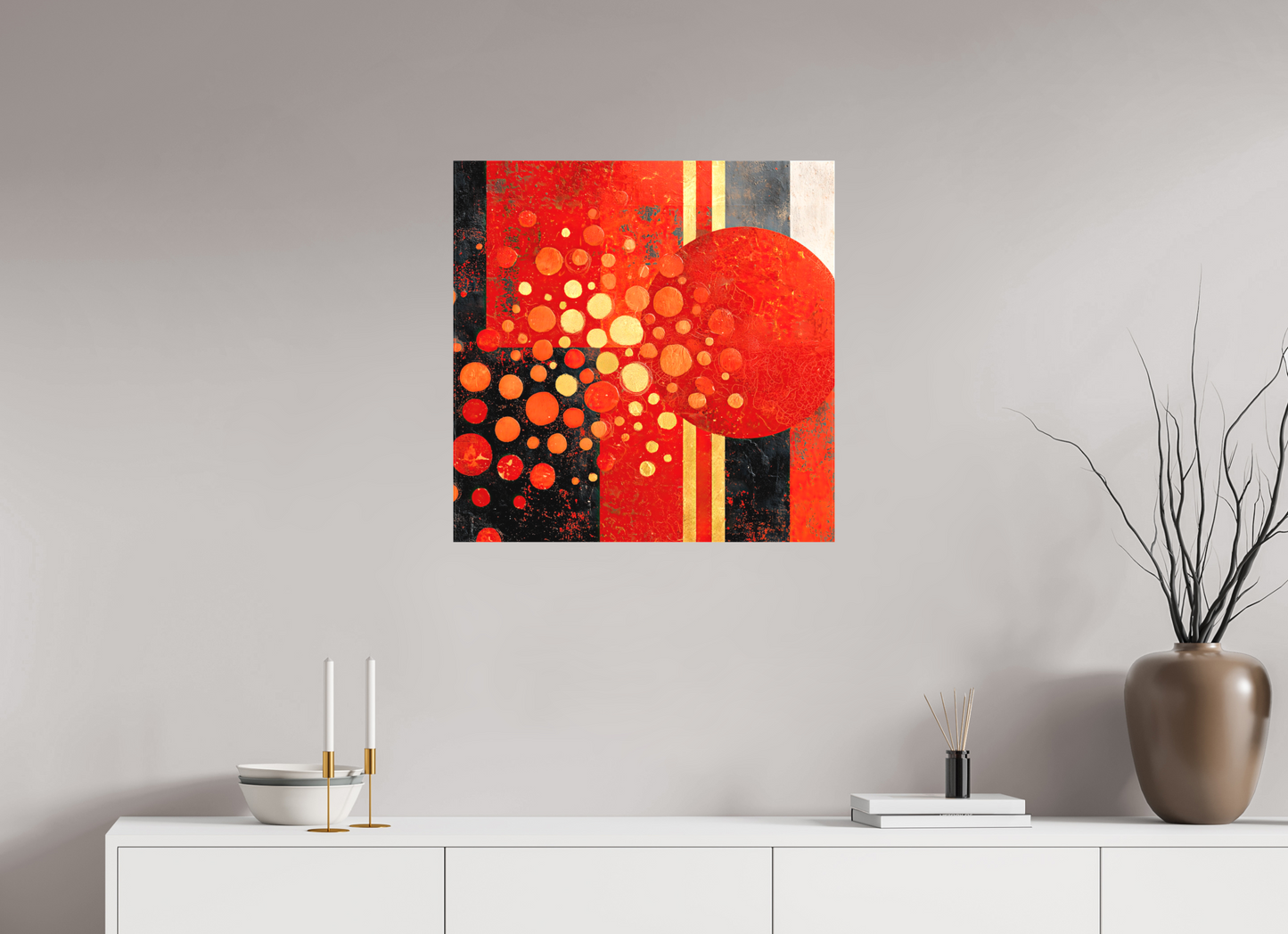 25 x 25″, Textile on Canvas Abstract Red Dots